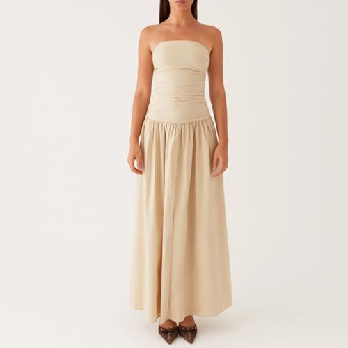 Image of Women Tube Top Maxi Dress 2025 Elegant Sleeveless Strapless Ruched Flowy Summer Long Wedding Party Cocktail Dresses