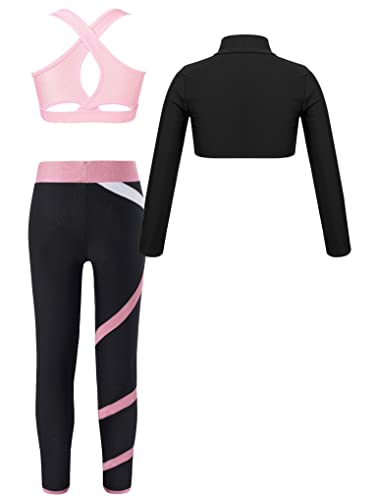 Hansber Kids Girls 3Pcs Dance Sports Outfit Sports Bra Long Sleeve Crop Top with Athletic Leggings Tracksuit Set2