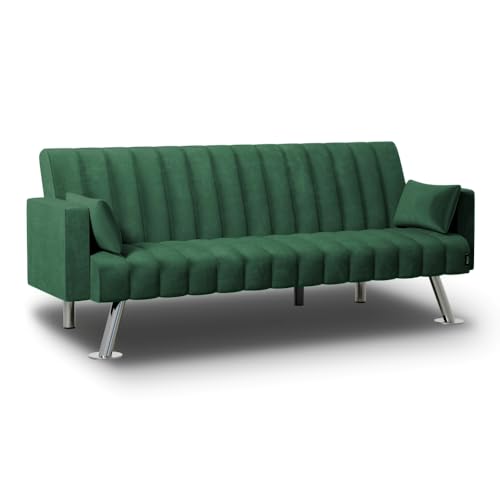 Nalui - Sofá Cama 3 Plazas Acolchado 210x80x79cm One Lines, 2 Cojines y Apertura Clic-Clac con Reclinación Ajustable. Sofá Cama Chaise Longue Aterciopelado Convertible en Cama Doble | Verde