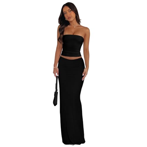 Image of Goafuliy 2 Piece Skirt Sets for Women Summer, Floral Sleeveless Tube Top Bodycon Maxi Skirts Y2k Vacation Going Out Outfits