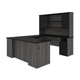 Bestar U or L Shaped Executive Desk with Hutch, Black & Gray, Norma, 71W