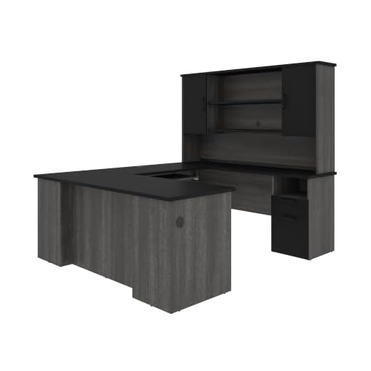 Bestar Norma U or L-Shaped Executive Desk with Hutch, 71W, Black & Bark Gray