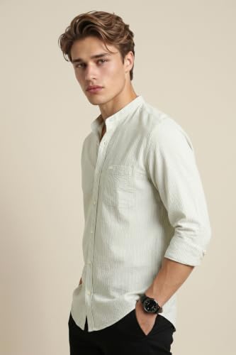 Image of Peter England Men's Casual Mandarin Collar Slim fit Full Sleeve Shirt in 100% Cotton Seersucker with Striped Design