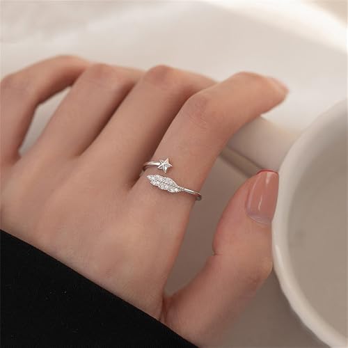 CZ Leaf Star Stacking Statement Ring for Women Silver Plated Adjustable Expandable Crystal Celestial Open Wrap Finger Rings Comfort Fit Fashion Promise Holiday Party Jewelry Gift