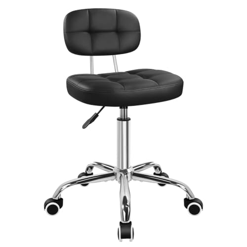 KKTONER Black Home Office Chair Leather Rolling Stool with Swivel Wheels with Backrest Height Adjustable for Home Office Computer Desk SPA