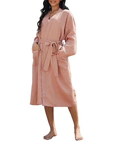 Image of Amazhiyu Womens Pure Linen Mid Length Kimono Robes Lightweight Long Sleeve Bathrobe