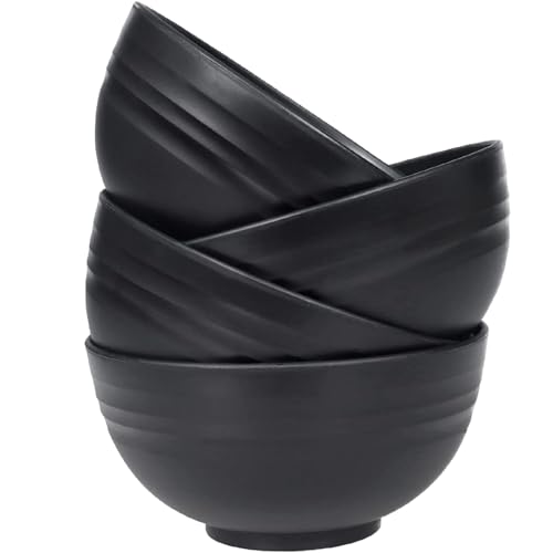 Unbreakable Wheat Straw Cereal Bowls Set of 4 24 OZ Microwave and Dishwasher Safe Lightweight Soup and Salad Bowl Sets Reusable Dessert Bowls for Rice Pasta Snack Fruit BPA Free (Black)
