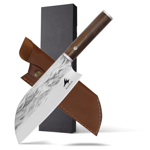 HAZMUSS Couteau de Chef Forgé à la Main, Couteau à Découper en Acier Inoxydable à HauteTeneur en Carbone de 19,5 cm Avec Etui en Cuir Pour la Cuisine, La Cuisine en Plein air et Les Grillades