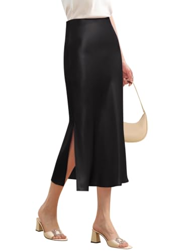 Women Elegant Daily Satin A-Line Side Slit Midi Skirt Elastic Waistband with Side Zipper