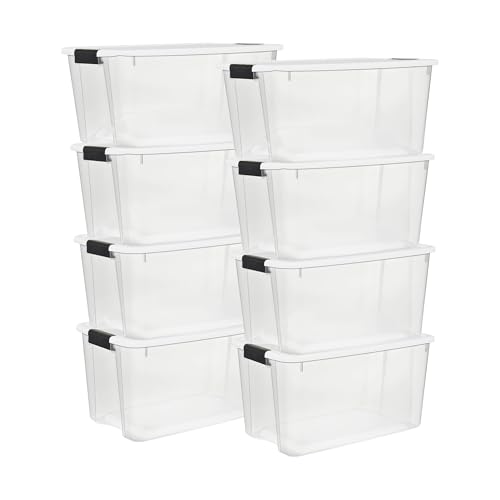 Sterilite 8 Pack Ultra Latching Box, Storage Bins with Lids, Clear Plastic, 70 Quart - Heavy-Duty Organizing Containers for Closet, Bathroom, and Office