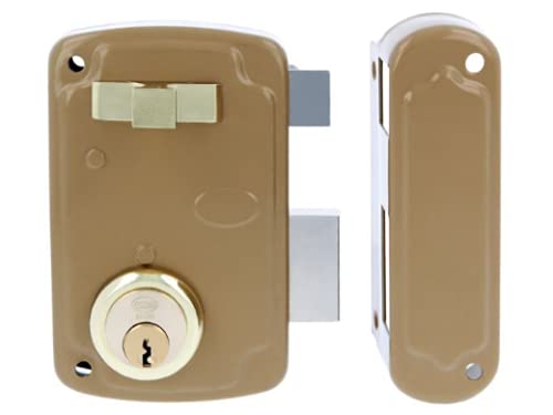 Amig - Cerradura Sobreponer Acero Esmaltado Oro Modelo 75U En Oferta Amig - Cerradura De Sobreponer De Derecha Con Palanca De Cierre, Lengüeta Y Tirador Para Puertas De Madera Mod. 75U | 76 X 120 Mm | Cilindro Redondo De Seguridad | Acero Dorado