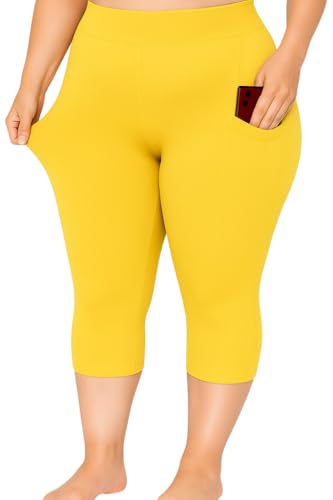 Image of PandaWears Women's Reg/Plus Size Pocket Capri - Stretch Fit (in, Alpha, 7XL, Bio-Yellow)
