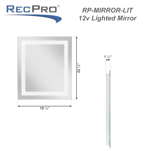 RecPro RV 22″ x 19″ LED Backlit Mirror | 4000K Cool White | Glass Mirror & Steel Base | 12V, 20 Watt | Surface Mount | ETL Certfied | Suitable for Damp Locations | Lighted Mirror