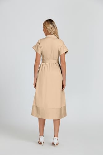 Image of Ladyful Women Casual Button Down Shirt Dress Short Wing Sleeve Buiness Midi Shirt Dress with Belt Elegant Dress