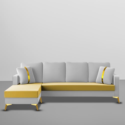 Image of Casaliving Mandis LHS 4 Seater L Shape Sofa Set for Living Room (Yellow Grey Fabric) Premium Fabric Sofa