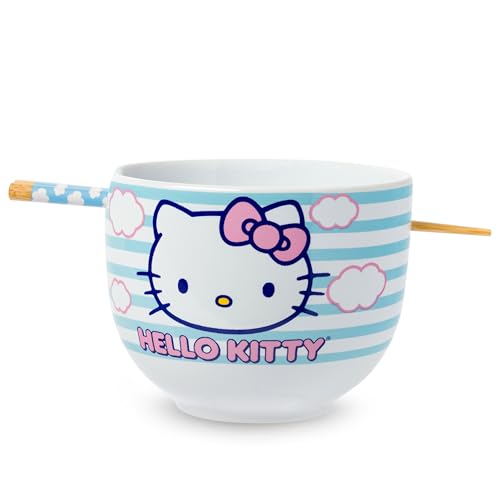Silver Buffalo Sanrio Hello Kitty Blue and Pink Skies Ceramic Ramen Noodle Rice Bowl with Chopsticks, Microwave Safe, 20 Ounces