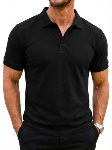 Runcati Herren Poloshirt Kurzarm Sommer Tennis T-Shirt Männer Einfarbig Golf Sport Poloshirts Basic Regular Fit Polohemd Schwarz XXL