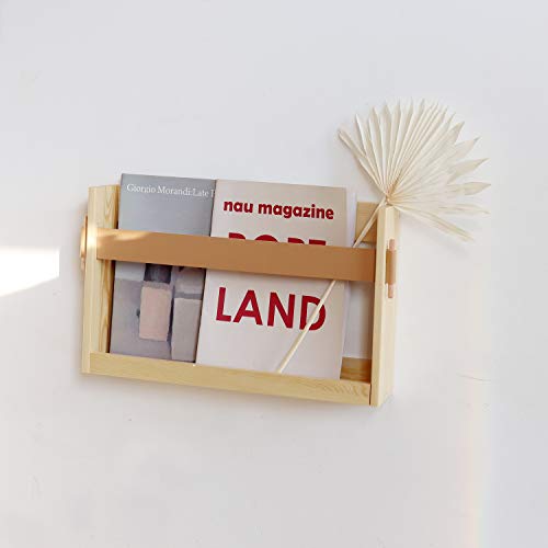 FIRADE Wall-Mounted Magazine Holder With PU Leather Strap,Wood Magazine rack,File Organizer For Entryway, Office,Living Room, Waiting Room, Kids’ room,2 Pack (17.3" x 3.5" x 10.6 ")