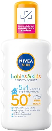 Nivea Sun Kids Sensitiv Spray solar en spray (1 x 200 ml), spray con SPF 50+, loción solar para pieles sensibles de niños