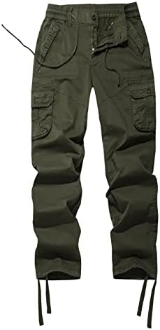 FOURSTEEDS Women's Mid Rise Drawstring Elastic Waist Multi-Pocket Outdoor Sport Cotton Camping Hiking Cargo Pants Army Green XL