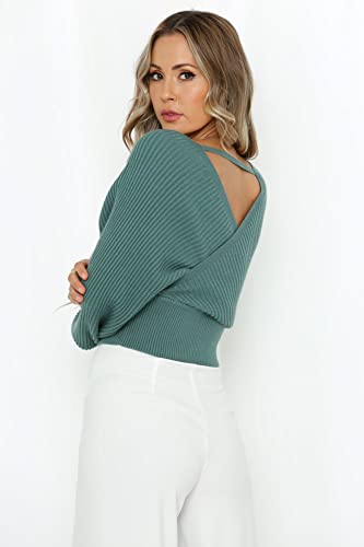 Image of ZAFUL Womens V Neck Cropped Wrap Sweaters Drop Shoulder Lantern Sleeve Pullover Tops Winter Sexy Cross Ribbed Clothes