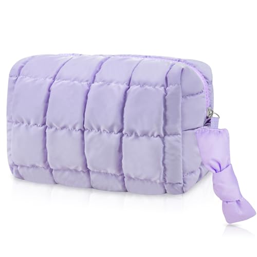 Quilted Makeup Bag, Checkered Cosmetic Bags with Divider, Waterproof Travel Toiletry Bag, Puffy Make up Pouch for Women Travel Essentials (Purple)