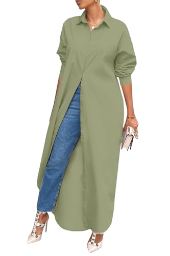 Image of Choichic Shirt Dresses for Women Casual Long Sleeve Cotton Button Down Maxi Dresses
