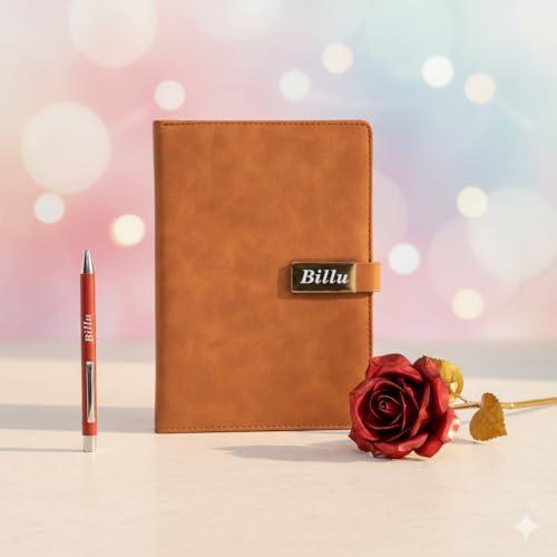 Image of Personalized Diary & Pen Gift Set with Name Engraving | Leather Diary Combo with Decorative Rose | Customizable Gift for Birthday, Anniversary, Valetine & Special Occasions (Brown)