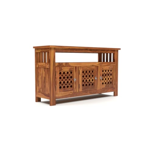 Image of Solid Sheesham Wood TV Unit Cabinet with Carved Doors | Wooden Entertainment Unit for Living Room | Multipurpose Sideboard for TV, Decor & Home Organization (Honey Finish)