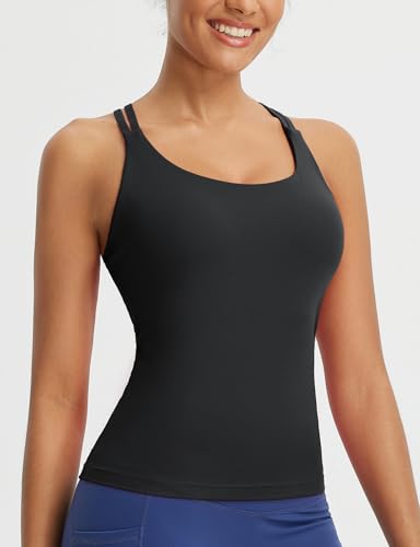 baleaf Women's Workout Tank Tops with Wireless Padded Yoga Crop Longline Sports Bras Double Spaghetti Strap2