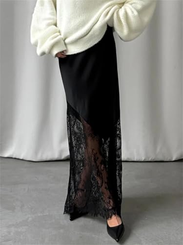 Women's Maxi Skirts Classic Satin Patchwork Lace Hollow-Out High Waist Ankle Length Skirt2