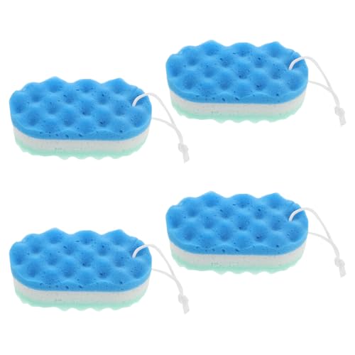 Tofficu 4 Esponjas de Baño Exfoliantes Azules de Espuma con Diseño Ondulado, Secado Rápido y Reutilizables para Limpieza Corporal Diaria y Tejido Sensible