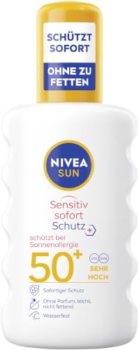 NIVEA SUN Sensitiv Sofort Schutz Sonnenspray LSF 50+ Sonnenmilch mit LSF 50+ für empfindliche Haut wasserfester & duftfreier Sonnenschutz bei Sonnenallergie (200 ml)
