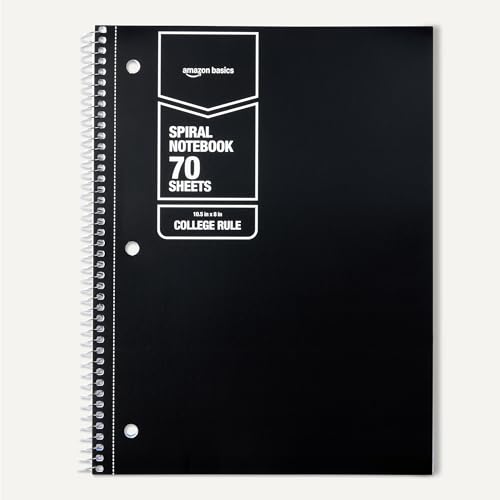Image of Amazon Basics College Ruled Spiral Notebook, For Work and School, 70 Sheets, 8 inch x 10.5 inch, Black, 2 pack