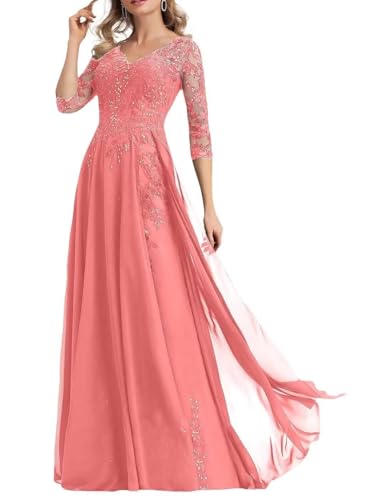 Chiffon Mother of The Bride Dresses for Wedding 2/3 Sleeve Mother of The Groom Dress Women Lace Applique Wedding Guest Gowns