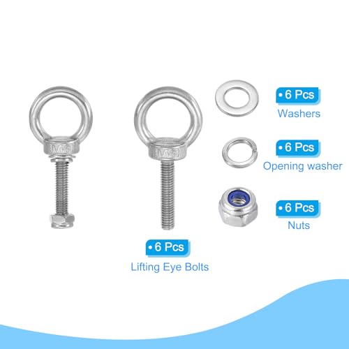 PATIKIL Ringschraube, M6x30 304 Edelstahl ösenschraube Gewinde mit Sechskantschraube, Mutter, Dichtung und Unterlegscheibe zum Aufhängen und Sichern von Ketten und Drahtseilen, 6 Sets