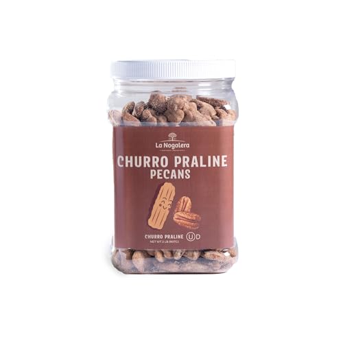 Image of Churro Praline Pecans 2 lbs - Sweet Cinnamon Sugar Pecan Snack with Crunchy Coating - Gourmet Candied Pecans by La Nogalera in a 2 pound resealable jar