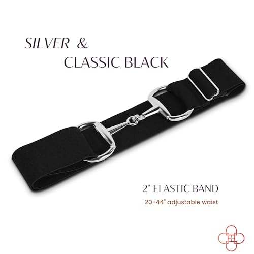 BASICS 2-Inch Elastic Equestrian Belt Silver Snaffle Bit Buckle, Comfortable and Stretchable Horse Riding Accessory (Silver Buckle, Classic Black Elastic Belt - 2 inch)2