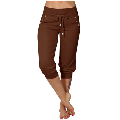 Pantalones 3/4 para mujer, ligeros, de secado rápido, transpirables, para exteriores, pantalones cortos con cintura elástica, pantalones deportivos para el trabajo, informales, holgados, marrón, XXL