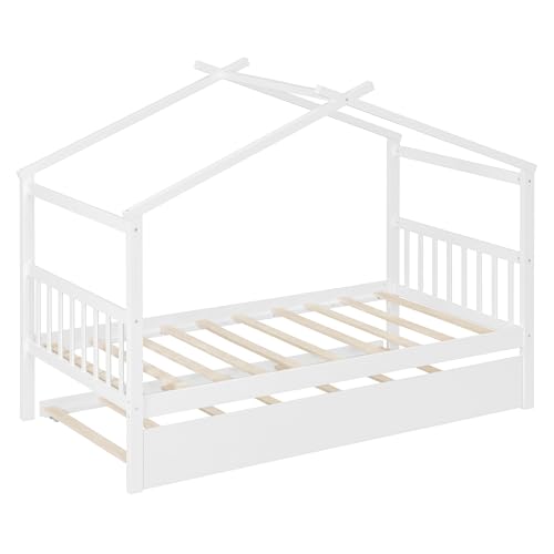 Image of Twin Size Creativity House Bed with Roof Frame and Twin Size Trundle, Montessori Wooden Platform Bed with Sturdy Slats Support for Kids Teens Girls Boys, No Box Spring Needed (White-02, Twin)