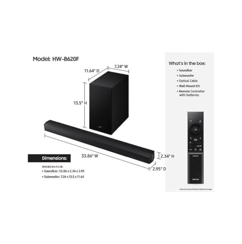 Image of Samsung HW-B620F 3.1 Channel Soundbar with Subwoofer Black, Dolby Audio /DTS Virtual:X, HDMI ARC, Wireless Surround Sound Compatible (Renewed)