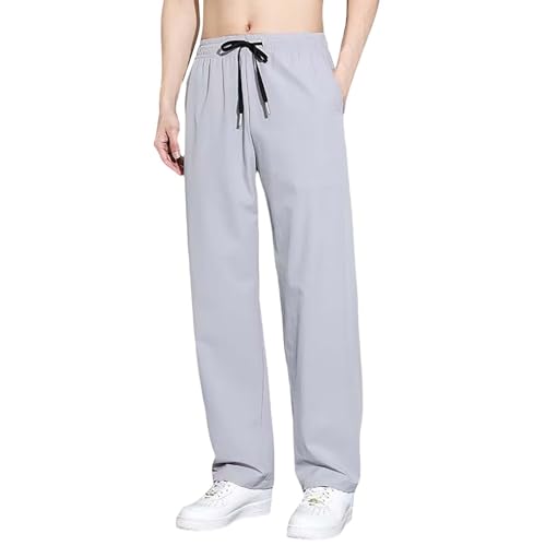 Pantalones de chándal para hombre, de seda de hielo, pantalones deportivos casuales, pantalones deportivos regulares, cintura elástica, pantalones rectos con parte delantera plana, pantalones de