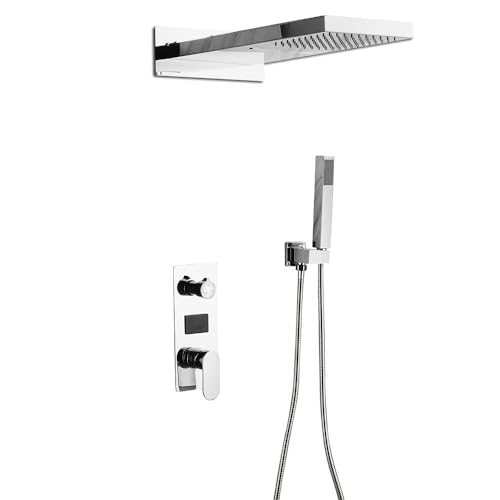 Sistema doccia a incasso con doccetta, set termostatico a LED, soffione doccia a pioggia, pannello doccia, massaggio, cascata, argento, montaggio a parete, in acciaio inox e ottone, 50 x 22 x 3 cm