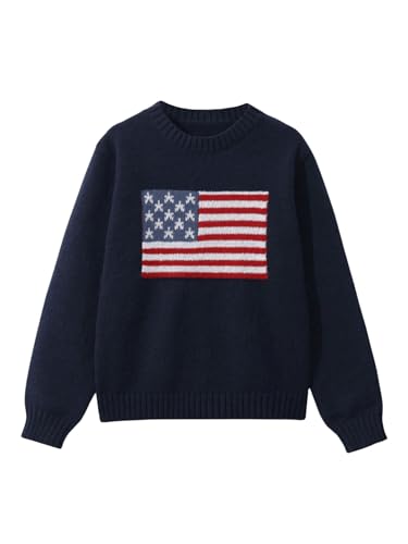 Verdusa Girl's American Flag Print Pullover Sweaters Round Neck Long Sleeve Knit Top