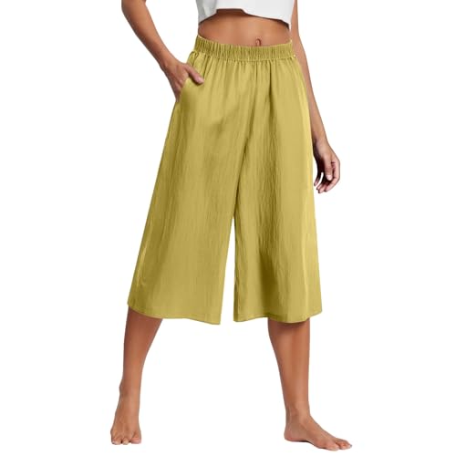 Cotton Linen Bermuda Shorts for Women Casual Summer Linen Capri Pants Baggy Elastic Waist Pedal Pushers with Pockets