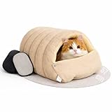 2 in 1 Warmes Katzenbett Winter 57cm, Kuschelhöhle Katze & Hundehöhle Kleine Hunde, Waschbar & Faltbar, Katzenkorb mit Dach, Plüsch Katzenschlafplatz & Versteck für Katzen mit Fellhandschuh(L)