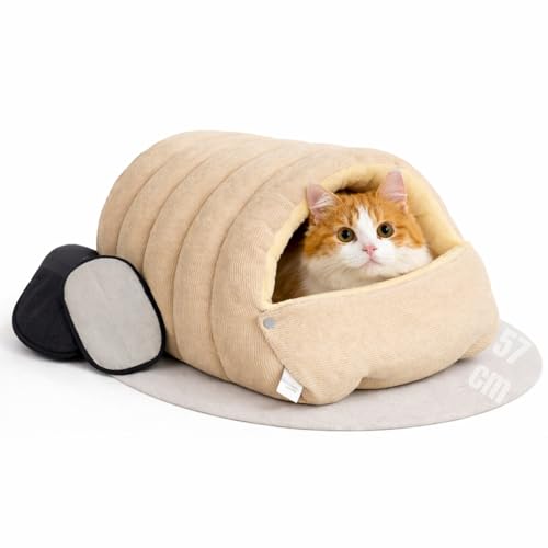 2 in 1 Warmes Katzenbett Winter 57cm, Kuschelhöhle Katze & Hundehöhle Kleine Hunde, Waschbar & Faltbar, Katzenkorb mit Dach, Plüsch Katzenschlafplatz & Versteck für Katzen mit Fellhandschuh(L)