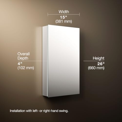 Image of Kohler 55061-NA Embark Slim Medicine Cabinet Mirror, Adjustable Shelves with Mirrored Door, 15 in. W x 26 in. H