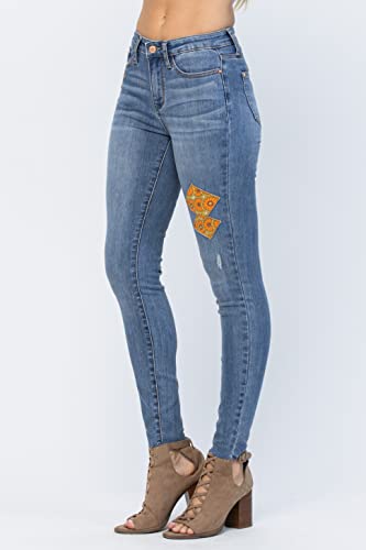Judy Blue Mid Rise Skinny Jeans Boho Patch 70s Print Denim Stretch Fit Ladies Pants 885072