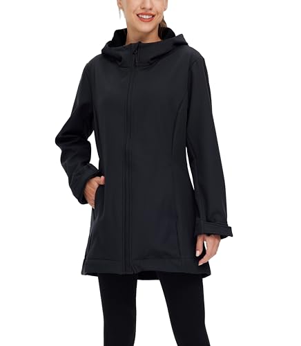 wantdo Women Softshell Jacket Fleece Lined Hooded Rain Coat Waterproof Windproof Windbreaker Jacket Lightweight Long Coat2